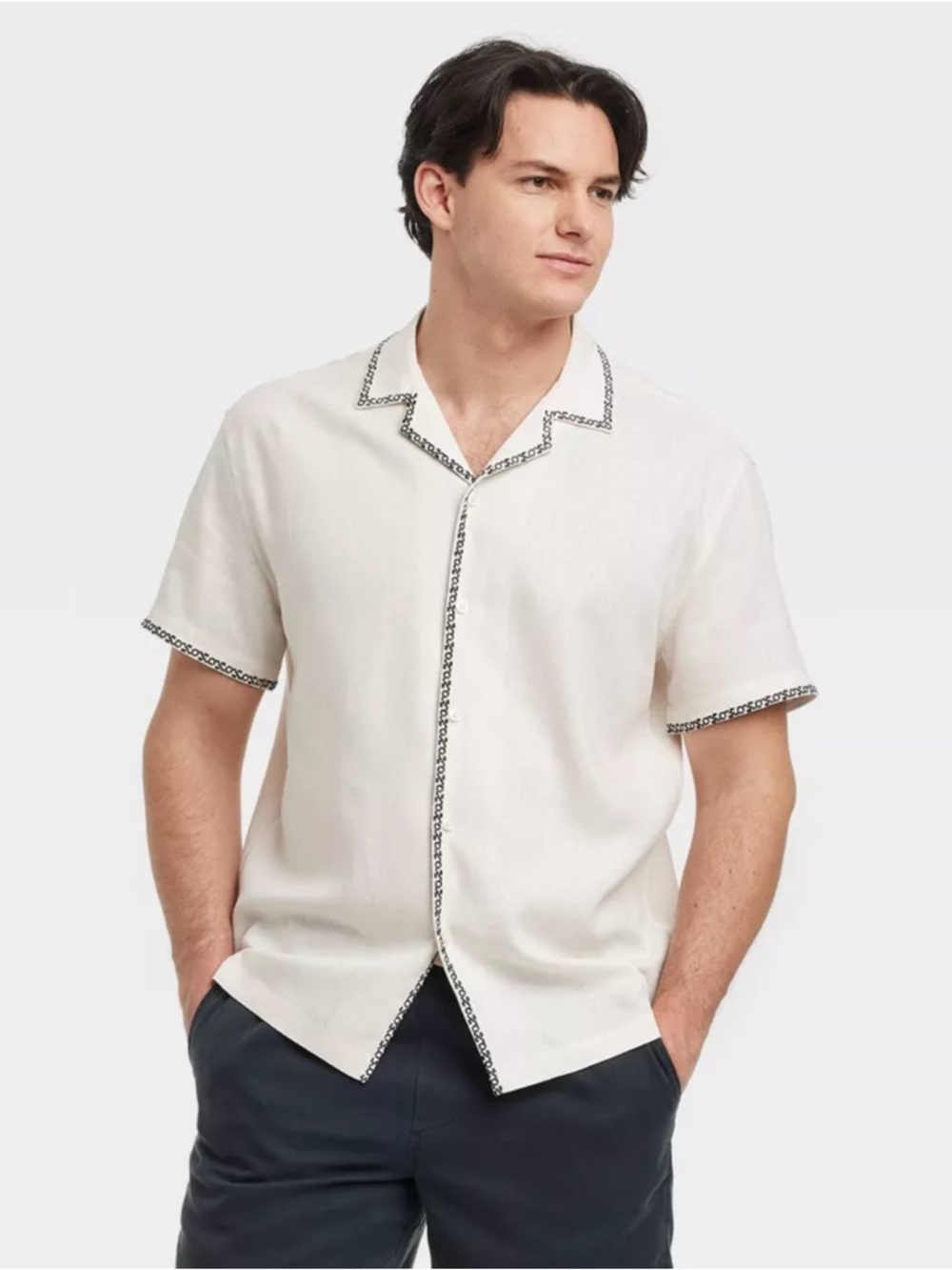 Goodfellow & Co Cream Short-Sleeve Camp Shirt with Trim
